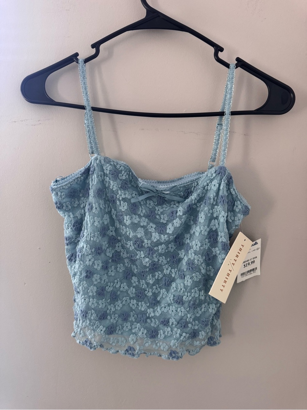 NWT Thirty/Thirty Powder Blue Floral Lace Cami Top Bow Accent Medium